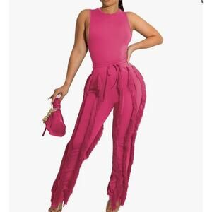 Women's Boho Drawstring Waist Long Fringe Tassel Pants Pink Size S